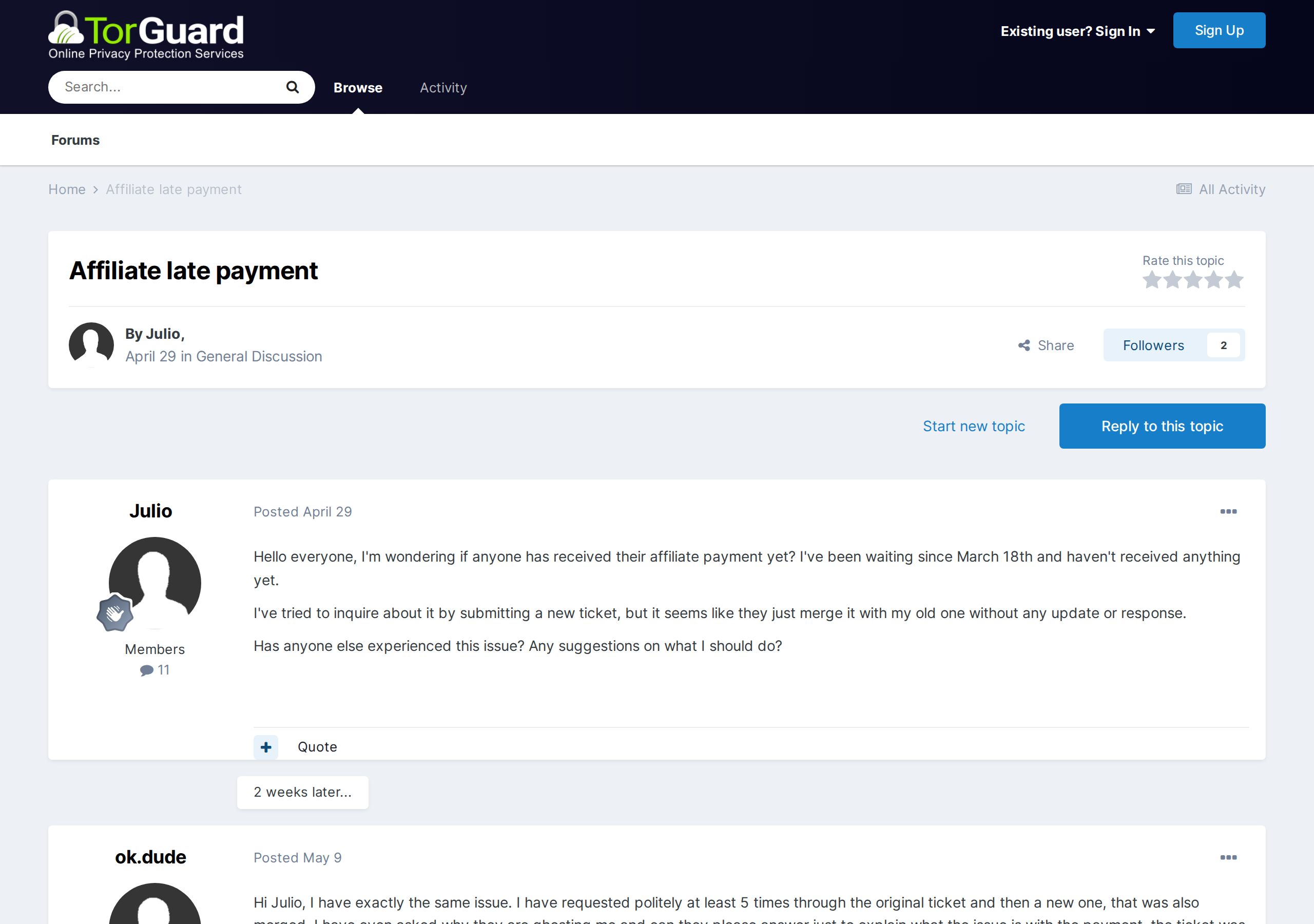 TorGuard forum post about affiliate late payment, user waiting since March without payment