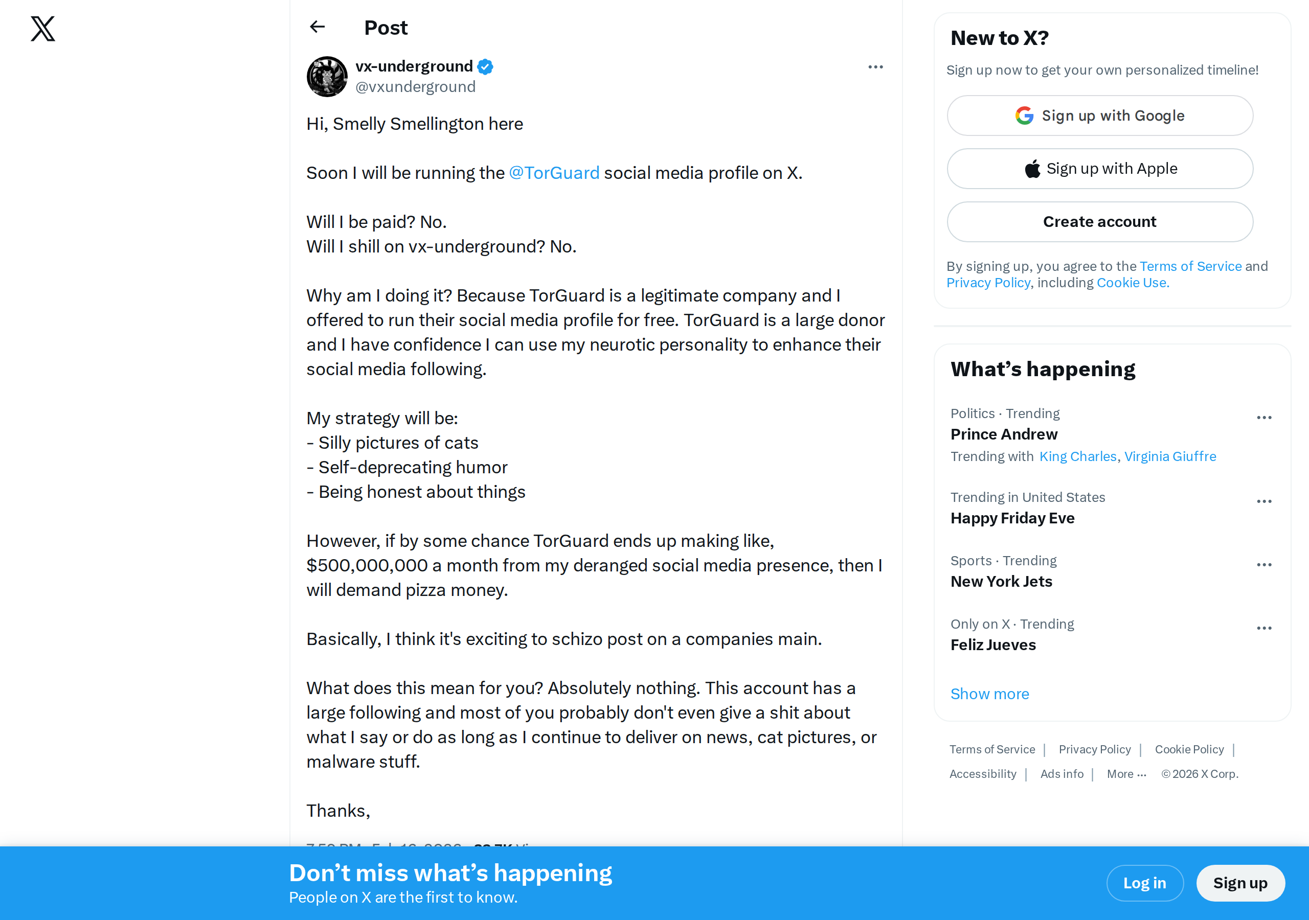 vx-underground tweet announcing they will be running the TorGuard social media profile on X for free
